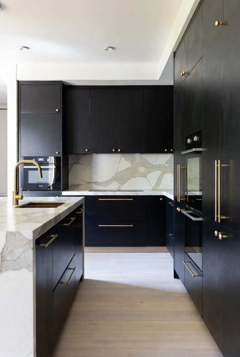 Tall dark kitchen cabinets with brushed metal pulls