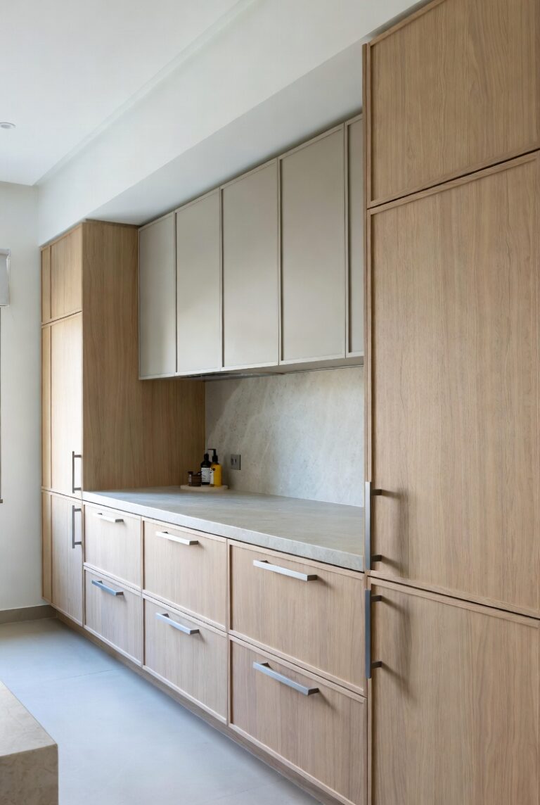 Natural wood kitchen cabinets with simple black hardware